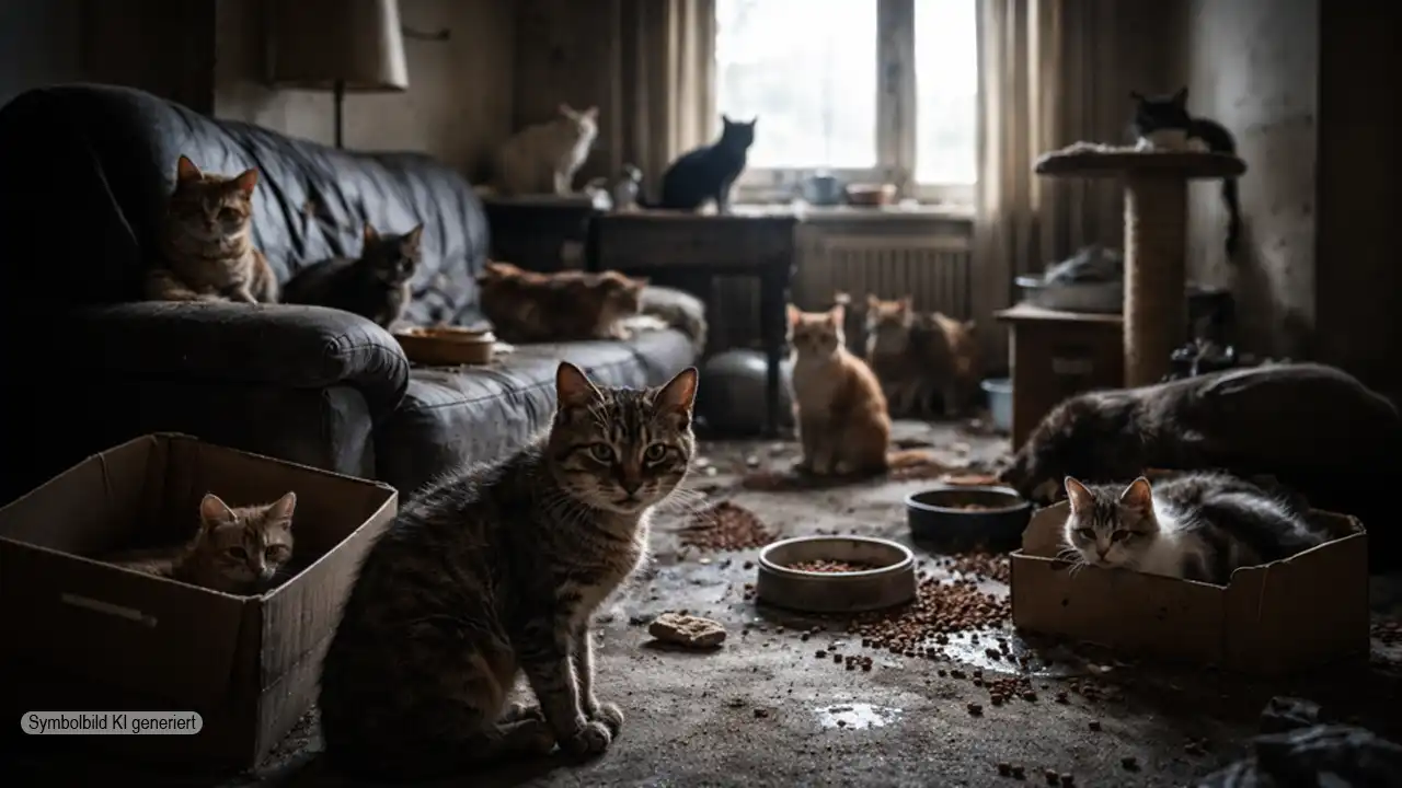 Mehrere Katzen in einer verwahrlosten Wohnung stehen exemplarisch für Katzenhortung Bayern und privates Tierleid hinter verschlossenen Türen.