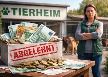Tierheim lehnt Spende ab – Geldbox mit Euro-Scheinen vor Tierheim symbolisiert, wie aus Ideologie Tierschutzspenden ablehnen wird.