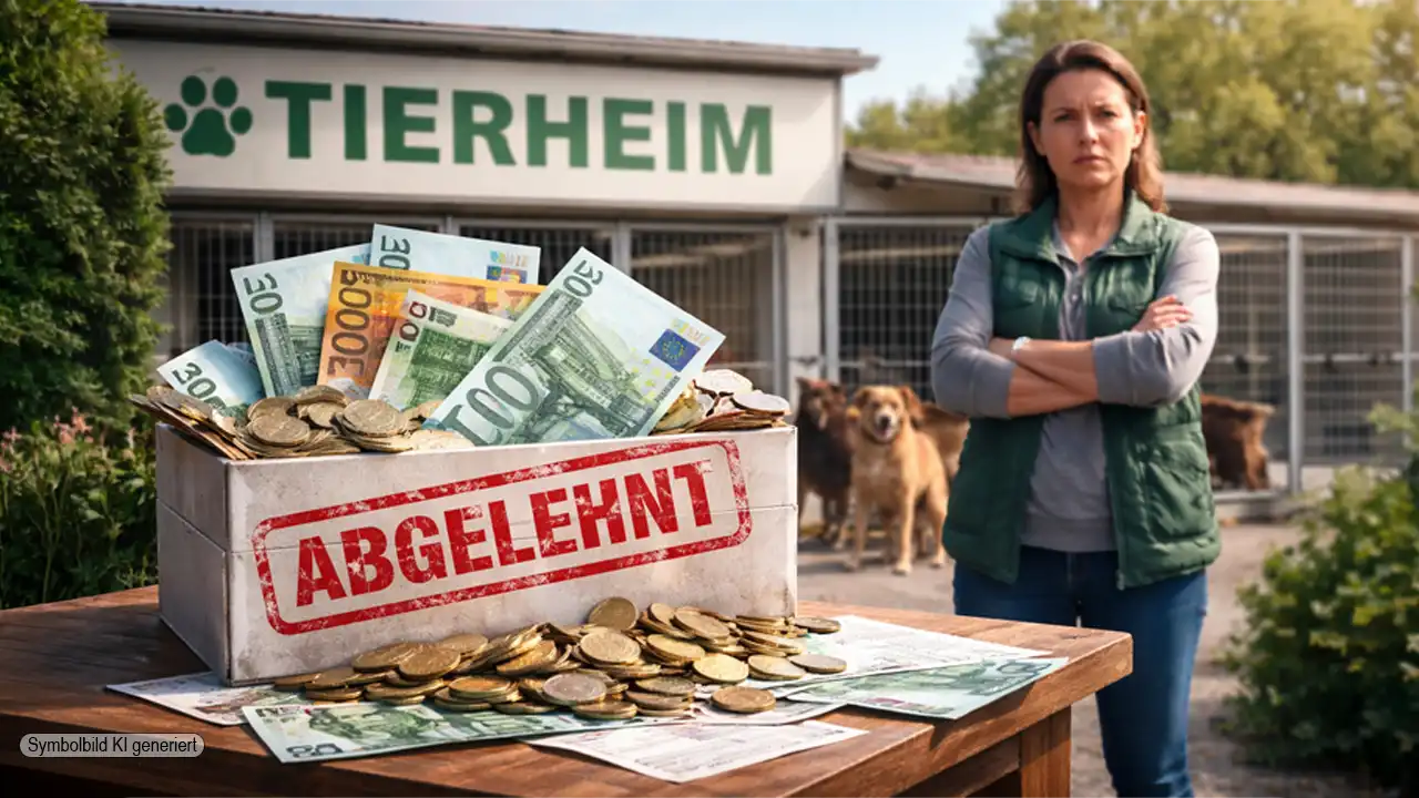 Tierheim lehnt Spende ab – Geldbox mit Euro-Scheinen vor Tierheim symbolisiert, wie aus Ideologie Tierschutzspenden ablehnen wird.