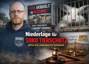 Soko Tierschutz vor Gericht: Aktivist mit Logo, Kaninchen im Käfig und Justizwaage zum Soko Tierschutz Urteil Augsburg