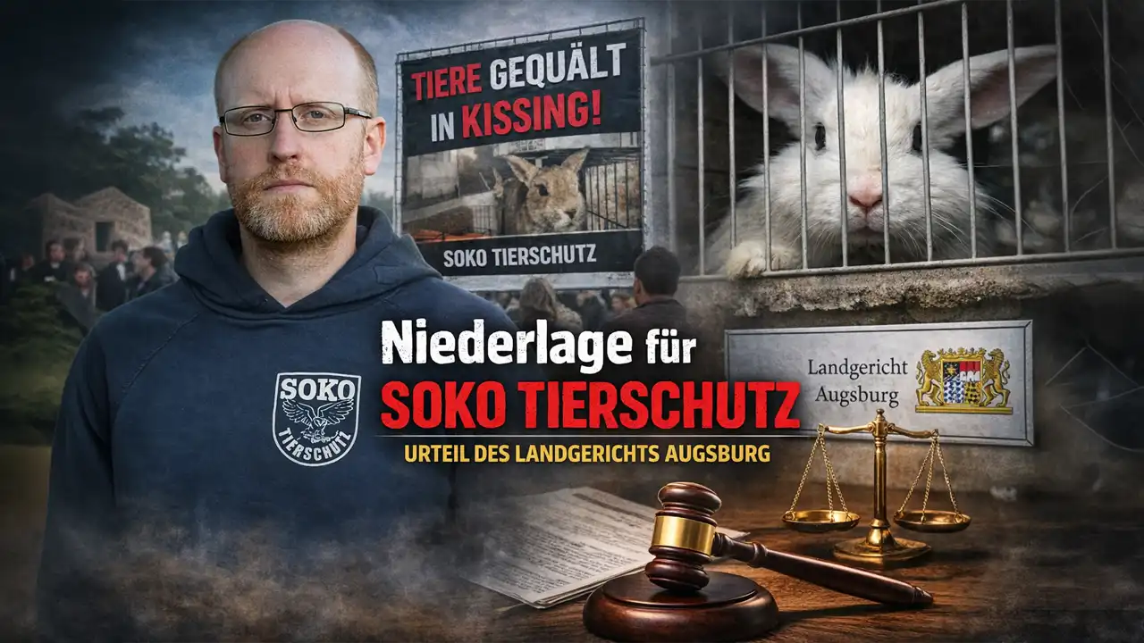 Soko Tierschutz vor Gericht: Aktivist mit Logo, Kaninchen im Käfig und Justizwaage zum Soko Tierschutz Urteil Augsburg