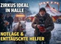 Zwischen Mitgefühl und Verantwortung: Der Fall Zirkus Ideal Halle 44 Zirkus Ideal Halle im Winter: Zirkusdirektor mit Spendendose vor verschneitem Zelt, daneben ein Pony – Symbol für Notlage und enttäuschte Helfer.