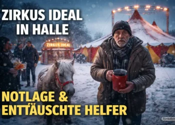 Zirkus Ideal Halle im Winter: Zirkusdirektor mit Spendendose vor verschneitem Zelt, daneben ein Pony – Symbol für Notlage und enttäuschte Helfer.
