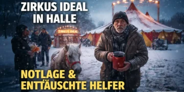 Zwischen Mitgefühl und Verantwortung: Der Fall Zirkus Ideal Halle 19 Zirkus Ideal Halle im Winter: Zirkusdirektor mit Spendendose vor verschneitem Zelt, daneben ein Pony – Symbol für Notlage und enttäuschte Helfer.