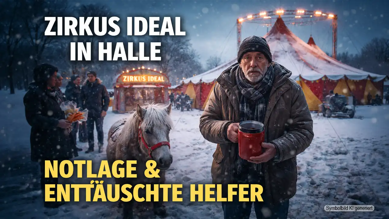 Zirkus Ideal Halle im Winter: Zirkusdirektor mit Spendendose vor verschneitem Zelt, daneben ein Pony – Symbol für Notlage und enttäuschte Helfer.