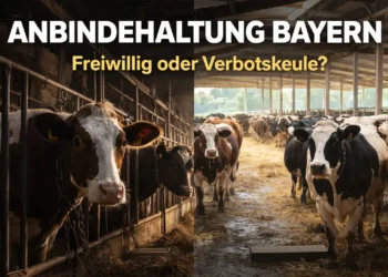 Kühe stehen in engen Anbindeställen in einem bayerischen Stall während im Hintergrund eine Weide sichtbar ist als Symbol für die Debatte um Anbindehaltung Bayern