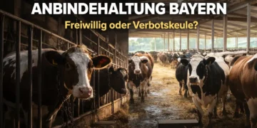 Kühe stehen in engen Anbindeställen in einem bayerischen Stall während im Hintergrund eine Weide sichtbar ist als Symbol für die Debatte um Anbindehaltung Bayern