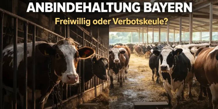 Kühe stehen in engen Anbindeställen in einem bayerischen Stall während im Hintergrund eine Weide sichtbar ist als Symbol für die Debatte um Anbindehaltung Bayern