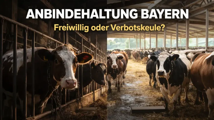 Kühe stehen in engen Anbindeställen in einem bayerischen Stall während im Hintergrund eine Weide sichtbar ist als Symbol für die Debatte um Anbindehaltung Bayern