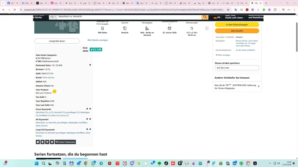 Amazon-Screenshot mit Verkaufsrang 31.178 für das Buch „Tierschutz vs. Tierrecht“ als Effekt der Frank Albrecht Rezension Analyse
