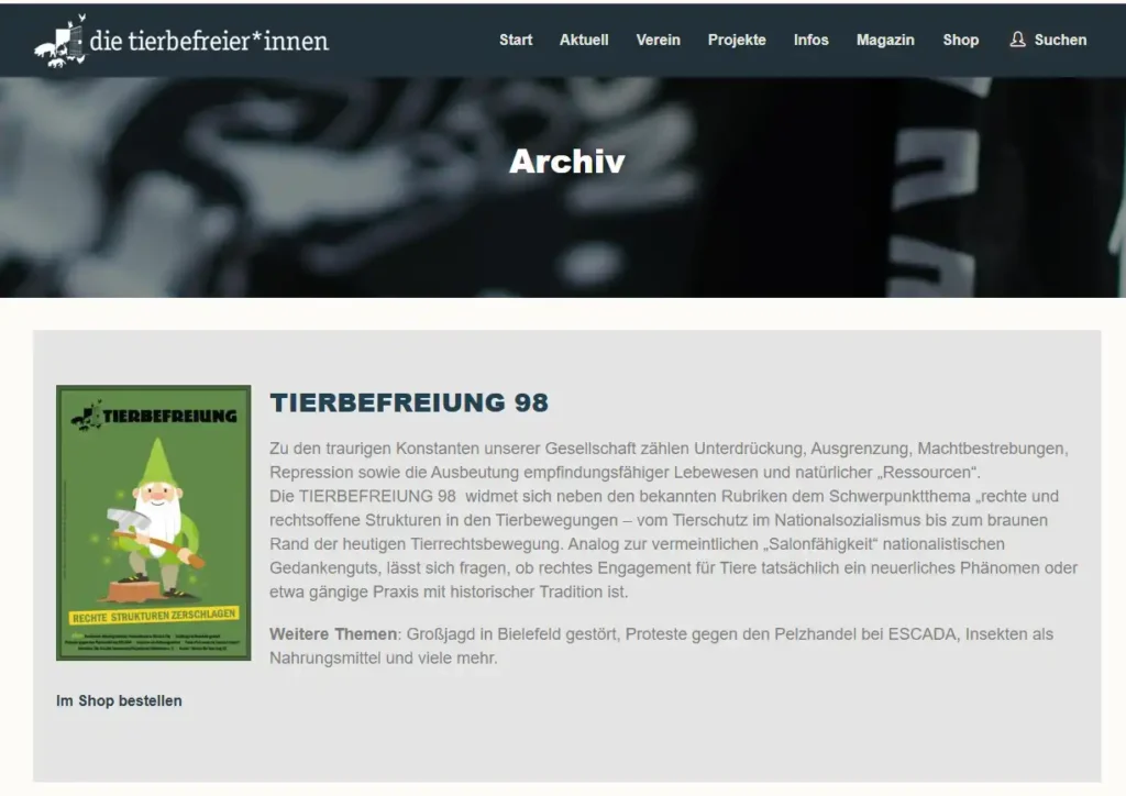 Archivseite der tierbefreier*innen zur Ausgabe TIERBEFREIUNG 98 mit Hinweis auf Tierschutz im Nationalsozialismus als Diskursbeleg in der Frank Albrecht Rezension Analyse