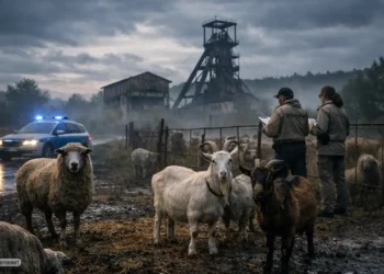 Schafe und Ziegen auf schlammiger Weide nahe altem Schachtgelände während Polizeifahrzeug und Veterinärbeamte beim Tierschutzverstoß Nordhausen die Situation kontrollieren