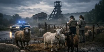 Schafe und Ziegen auf schlammiger Weide nahe altem Schachtgelände während Polizeifahrzeug und Veterinärbeamte beim Tierschutzverstoß Nordhausen die Situation kontrollieren