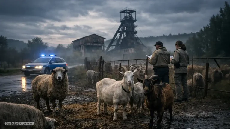 Schafe und Ziegen auf schlammiger Weide nahe altem Schachtgelände während Polizeifahrzeug und Veterinärbeamte beim Tierschutzverstoß Nordhausen die Situation kontrollieren