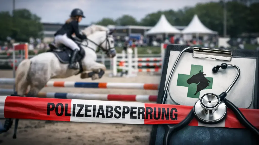 Polizeiabsperrung vor Springreitplatz in München-Riem, Tierarztmappe mit Stethoskop im Vordergrund, Turnierbetrieb im Hintergrund unscharf.