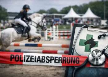 Polizeiabsperrung vor Springreitplatz in München-Riem, Tierarztmappe mit Stethoskop im Vordergrund, Turnierbetrieb im Hintergrund unscharf.