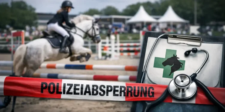 Reitturnier München Tierschutz Abbruch – Was geschah wirklich in Riem? 11 Polizeiabsperrung vor Springreitplatz in München-Riem, Tierarztmappe mit Stethoskop im Vordergrund, Turnierbetrieb im Hintergrund unscharf.