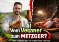 Niko Rittenau mit Huhn vor Stall, gegenüber Schlachtmesser und Fleisch – Symbolbild zur Niko Rittenau Veganismus Debatte.
