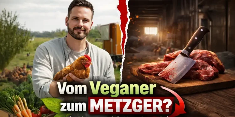 Niko Rittenau mit Huhn vor Stall, gegenüber Schlachtmesser und Fleisch – Symbolbild zur Niko Rittenau Veganismus Debatte.