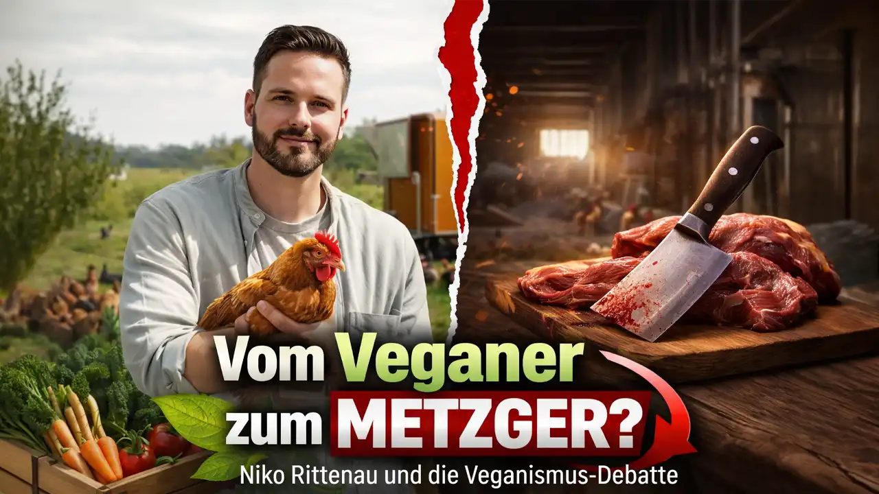 Niko Rittenau mit Huhn vor Stall, gegenüber Schlachtmesser und Fleisch – Symbolbild zur Niko Rittenau Veganismus Debatte.