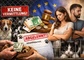 Wollen Tierheime überhaupt noch Tiere vermitteln? 12 Tierheim Vermittlungskritik: Abgelehnte Adoption vor überfülltem Tierheim mit „Keine Vermittlung“-Schild und Katze im Käfig