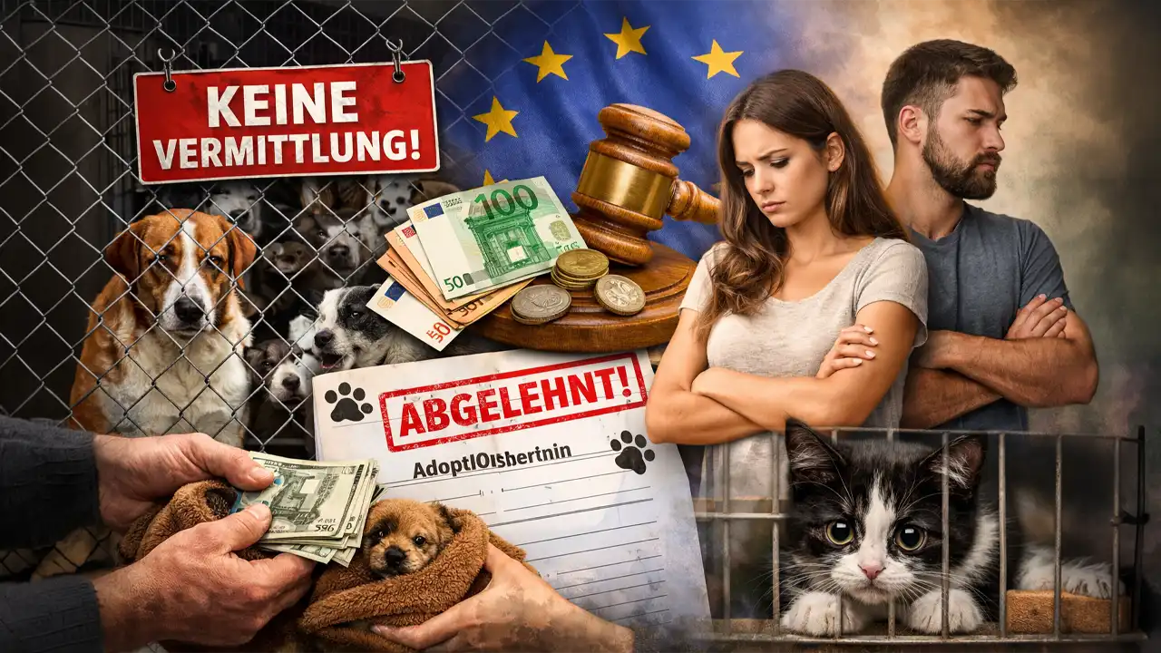 Tierheim Vermittlungskritik: Abgelehnte Adoption vor überfülltem Tierheim mit „Keine Vermittlung“-Schild und Katze im Käfig