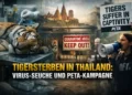 Tigersterben durch Virus in Thailand: Zwischen Seuchenrealität, Zuchtstrukturen und der kalkulierten Empörung von PETA 45 Tigersterben Thailand Virus: toter Tiger auf Untersuchungstisch, Quarantänegehege und PETA-Protest symbolisieren Seuche, Tierhaltung und Kampagnenkritik