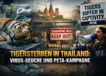 Tigersterben durch Virus in Thailand: Zwischen Seuchenrealität, Zuchtstrukturen und der kalkulierten Empörung von PETA 13 Tigersterben Thailand Virus: toter Tiger auf Untersuchungstisch, Quarantänegehege und PETA-Protest symbolisieren Seuche, Tierhaltung und Kampagnenkritik