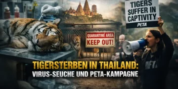 Tigersterben Thailand Virus: toter Tiger auf Untersuchungstisch, Quarantänegehege und PETA-Protest symbolisieren Seuche, Tierhaltung und Kampagnenkritik