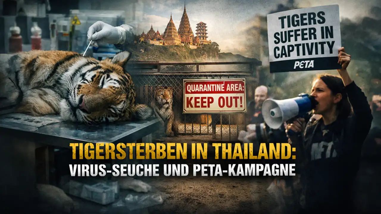 Tigersterben Thailand Virus: toter Tiger auf Untersuchungstisch, Quarantänegehege und PETA-Protest symbolisieren Seuche, Tierhaltung und Kampagnenkritik