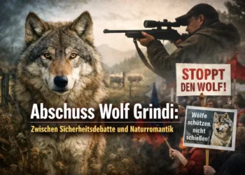 Abschuss Wolf Grindi: Zwischen Sicherheitsdebatte und Naturromantik 12 Symbolbild zum Thema Abschuss Wolf Grindi: Wolf im Vordergrund, Jäger mit Gewehr und Demonstranten mit Pro- und Contra-Plakaten im Hintergrund.