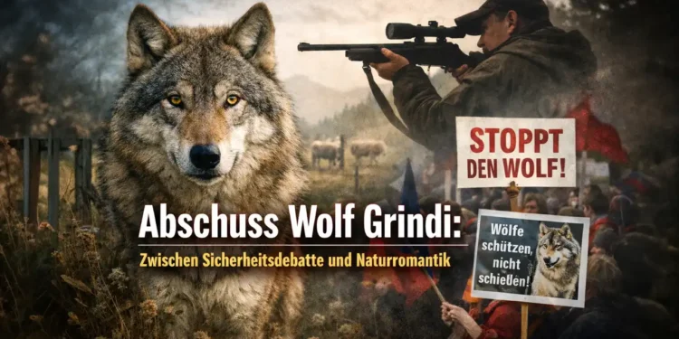Abschuss Wolf Grindi: Zwischen Sicherheitsdebatte und Naturromantik 11 Symbolbild zum Thema Abschuss Wolf Grindi: Wolf im Vordergrund, Jäger mit Gewehr und Demonstranten mit Pro- und Contra-Plakaten im Hintergrund.