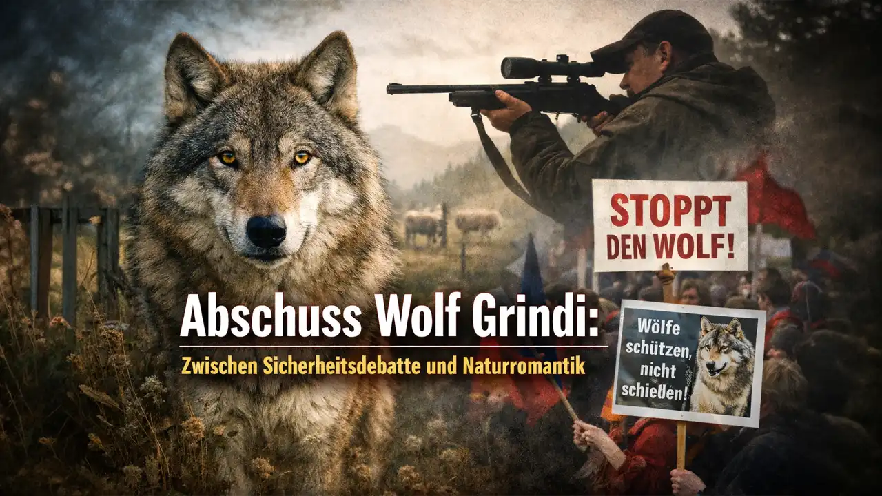 Symbolbild zum Thema Abschuss Wolf Grindi: Wolf im Vordergrund, Jäger mit Gewehr und Demonstranten mit Pro- und Contra-Plakaten im Hintergrund.