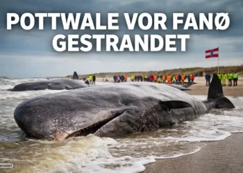 Pottwale vor Fanø gestrandet: Mehrere gestrandete Wale am Strand von Fanø in Dänemark, Rettungskräfte im Hintergrund.