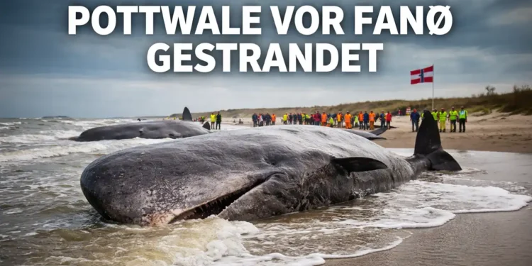 Erneut Pottwale vor Fanø gestrandet – Dritter Vorfall in Dänemark binnen weniger Wochen 11 Pottwale vor Fanø gestrandet: Mehrere gestrandete Wale am Strand von Fanø in Dänemark, Rettungskräfte im Hintergrund.