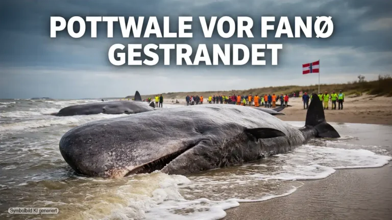 Pottwale vor Fanø gestrandet: Mehrere gestrandete Wale am Strand von Fanø in Dänemark, Rettungskräfte im Hintergrund.