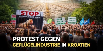 Demonstration in Zagreb gegen ein Großprojekt der Geflügelproduktion – Protest gegen Geflügelindustrie in Kroatien mit Bannern vor industrieller Hühnerfarm.