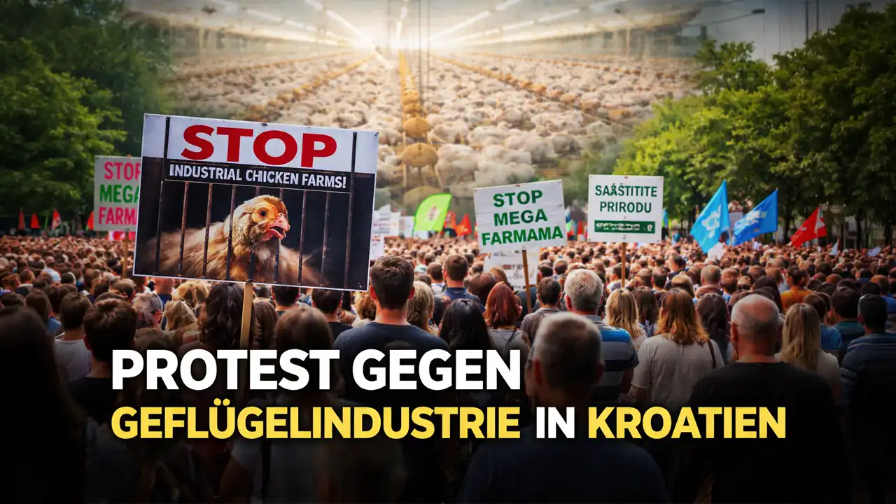 Demonstration in Zagreb gegen ein Großprojekt der Geflügelproduktion – Protest gegen Geflügelindustrie in Kroatien mit Bannern vor industrieller Hühnerfarm.