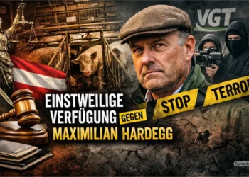 Einstweilige Verfügung gegen Maximilian Hardegg: Gericht setzt klare Grenzen im Konflikt mit dem VGT 13 Symbolbild zur Einstweiligen Verfügung gegen Maximilian Hardegg mit Gerichtshammer, Schweinestall und medialem Konfliktumfeld.