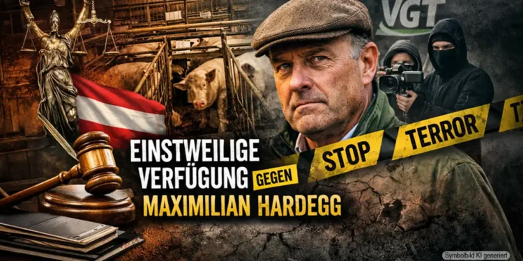 Symbolbild zur Einstweiligen Verfügung gegen Maximilian Hardegg mit Gerichtshammer, Schweinestall und medialem Konfliktumfeld.
