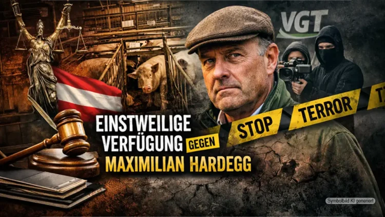 Symbolbild zur Einstweiligen Verfügung gegen Maximilian Hardegg mit Gerichtshammer, Schweinestall und medialem Konfliktumfeld.
