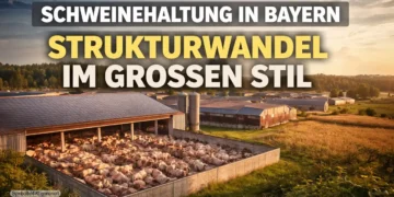 Großer Schweinestall in Bayern mit dichtem Tierbestand – Symbol für Schweinehaltung Bayern Strukturwandel und wachsende Betriebsgrößen.