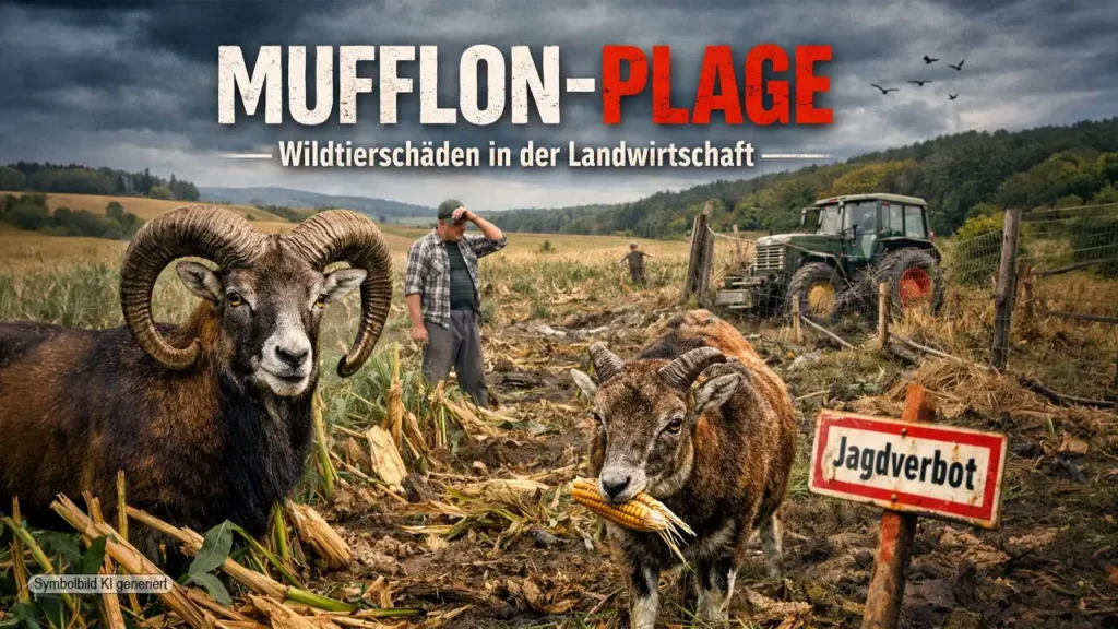 Zwei Mufflons stehen in einem stark beschädigten Maisfeld, während ein Landwirt ratlos auf die zerstörten Pflanzen blickt – Symbolbild zur Mufflon Plage.