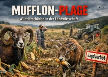Mufflon Plage: Wenn Wildtierromantik auf landwirtschaftliche Realität trifft 12 Zwei Mufflons stehen in einem stark beschädigten Maisfeld, während ein Landwirt ratlos auf die zerstörten Pflanzen blickt – Symbolbild zur Mufflon Plage.