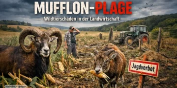 Mufflon Plage: Wenn Wildtierromantik auf landwirtschaftliche Realität trifft 21 Zwei Mufflons stehen in einem stark beschädigten Maisfeld, während ein Landwirt ratlos auf die zerstörten Pflanzen blickt – Symbolbild zur Mufflon Plage.
