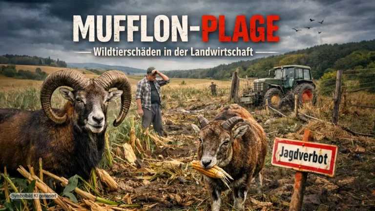 Zwei Mufflons stehen in einem stark beschädigten Maisfeld, während ein Landwirt ratlos auf die zerstörten Pflanzen blickt – Symbolbild zur Mufflon Plage.