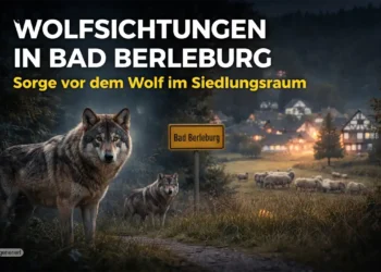 Wolfsichtungen Bad Berleburg: Zwischen Verharmlosung und Realität 13 Zwei Wölfe nahe eines Ortsschildes in Bad Berleburg bei Dämmerung – Symbolbild zu Wolfsichtungen Bad Berleburg.