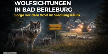 Zwei Wölfe nahe eines Ortsschildes in Bad Berleburg bei Dämmerung – Symbolbild zu Wolfsichtungen Bad Berleburg.