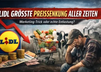 Symbolbild zur „Lidl größte Preissenkung aller Zeiten“ mit fallendem Preispfeil, vollem Einkaufswagen und nachdenklichem Landwirt im Hintergrund.