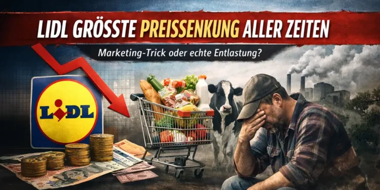 Lidl größte Preissenkung aller Zeiten – Irreführend oder strategisches Framing? 11 Symbolbild zur „Lidl größte Preissenkung aller Zeiten“ mit fallendem Preispfeil, vollem Einkaufswagen und nachdenklichem Landwirt im Hintergrund.